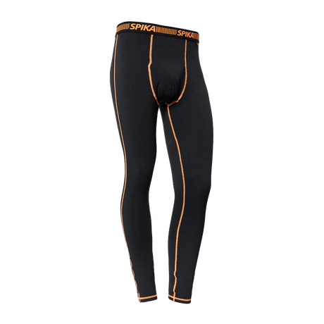 Spika ThermaFlow men's thermal base layer pants in Black with orange seams, front view