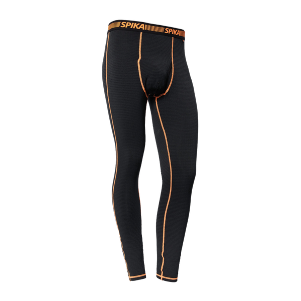 Spika ThermaFlow men's thermal base layer pants in Black with orange seams, front view