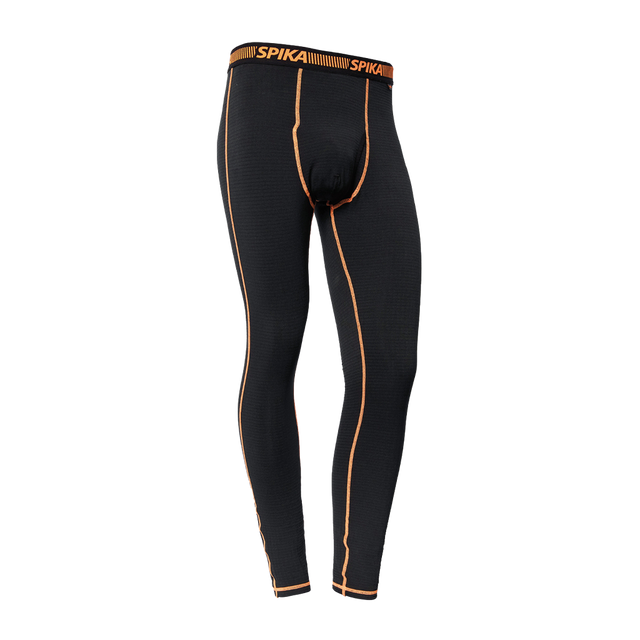 Spika ThermaFlow men's thermal base layer pants in Black with orange seams, front view