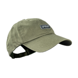 Spika GO Advance dad cap in Olive, three-quarter view with Spika rubber patch and strap back