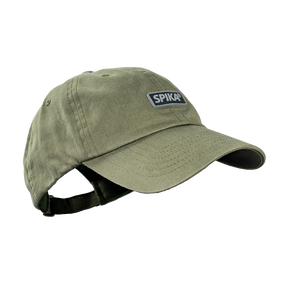 Spika GO Advance dad cap in Olive, three-quarter view with Spika rubber patch and strap back