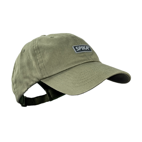 Spika GO Advance dad cap in Olive, three-quarter view with Spika rubber patch and strap back