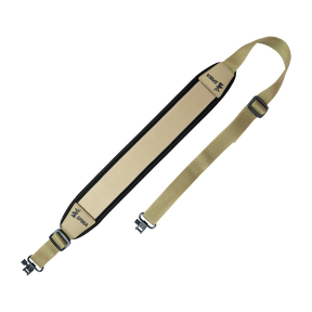 Spika Alpine rifle sling in tan with black trim, padded shoulder section, webbing strap and swivels
