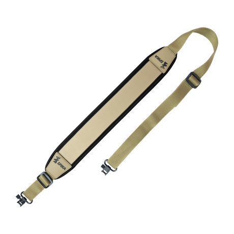 Spika Alpine rifle sling in tan with black trim, padded shoulder section, webbing strap and swivels