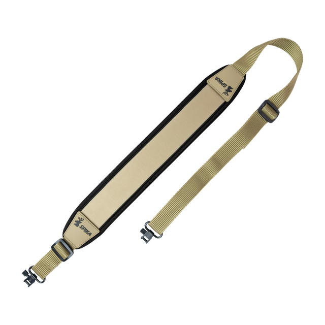 Spika Alpine rifle sling in tan with black trim, padded shoulder section, webbing strap and swivels