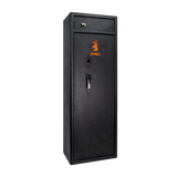 Spika S3 large 12-gun safe, Category A/B, black with orange logo, front three-quarter view