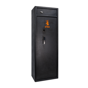 Spika S3 large 12-gun safe, Category A/B, black with orange logo, front three-quarter view