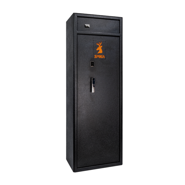 Spika S3 large 12-gun safe, Category A/B, black with orange logo, front three-quarter view