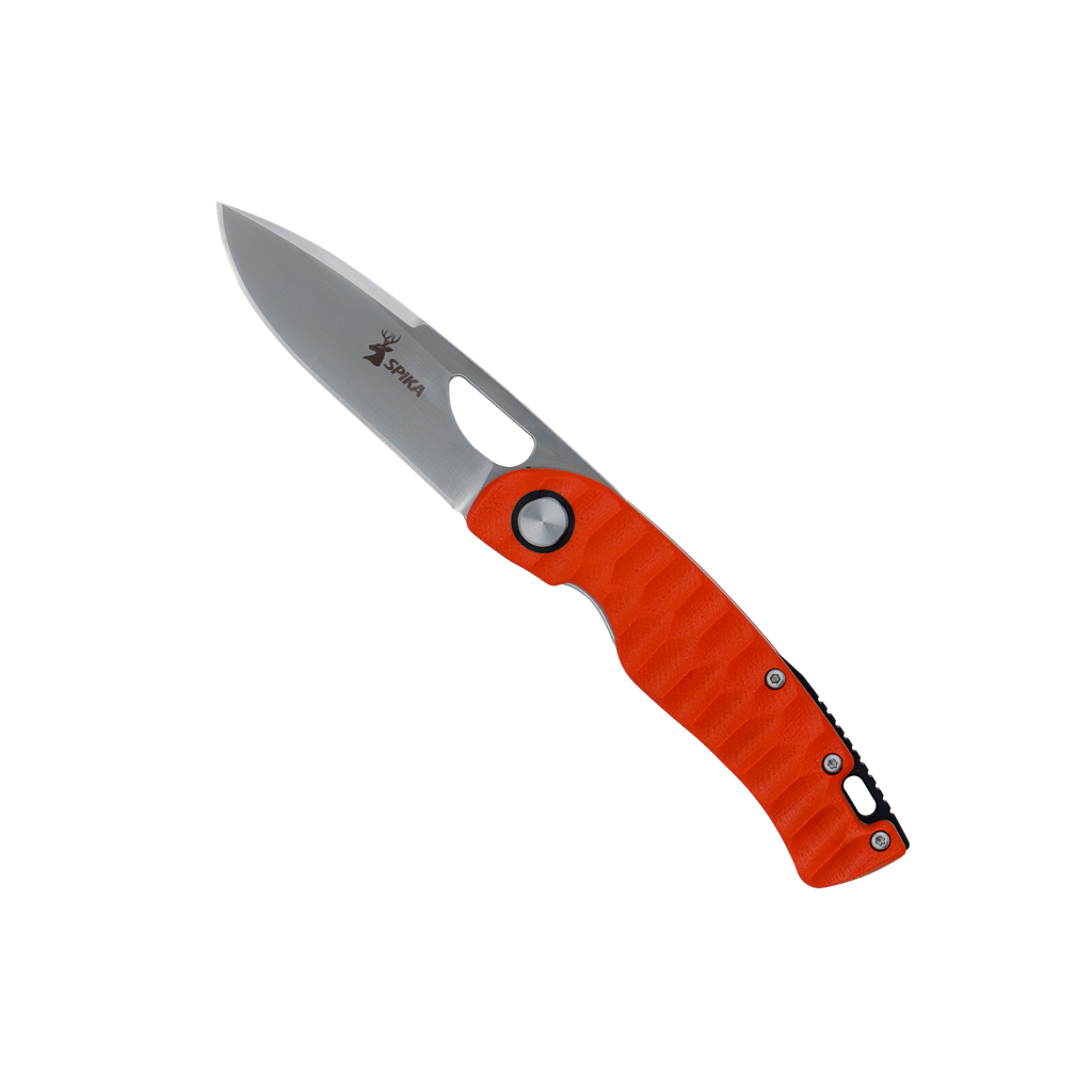 Spika Bushmaster Tango folding knife opened, blaze orange textured handle and blade thumb hole