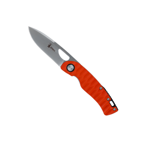 Spika Bushmaster Tango folding knife opened, blaze orange textured handle and blade thumb hole