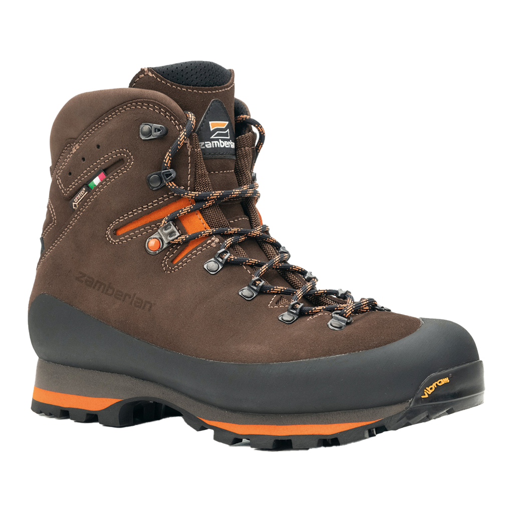 Zamberlan 968 Target GTX RR men's hunting boot in dark brown and orange, three-quarter front view