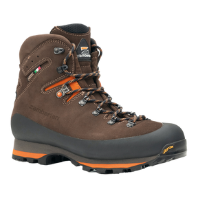 Zamberlan 968 Target GTX RR men's hunting boot in dark brown and orange, three-quarter front view