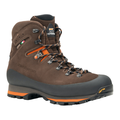 Zamberlan 968 Target GTX RR men's hunting boot in dark brown and orange, three-quarter front view