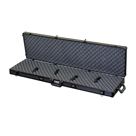 Spika double rifle case in black aluminium, open showing foam lining and gun cradles