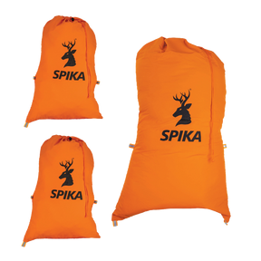 Spika Drover meat bag 3 pack in blaze orange, two small and one large drawstring bags with stag logo