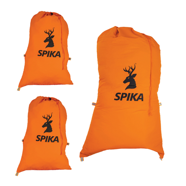 Spika Drover meat bag 3 pack in blaze orange, two small and one large drawstring bags with stag logo