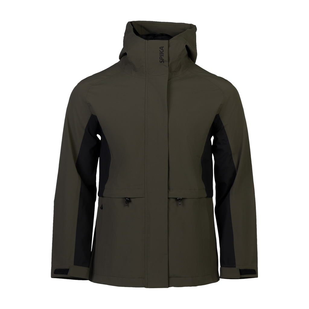 Spika Reign women's hooded jacket in Olive Summit/Black, front view with black side panels
