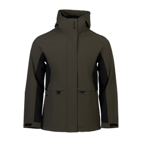Spika Reign women's hooded jacket in Olive Summit/Black, front view with black side panels
