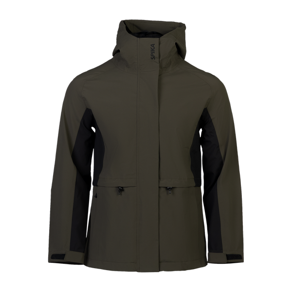 Spika Reign women's hooded jacket in Olive Summit/Black, front view with black side panels
