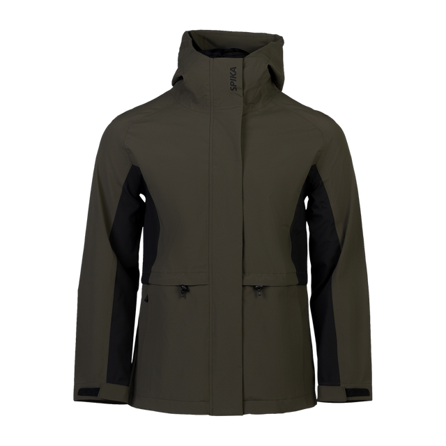 Spika Reign women's hooded jacket in Olive Summit/Black, front view with black side panels