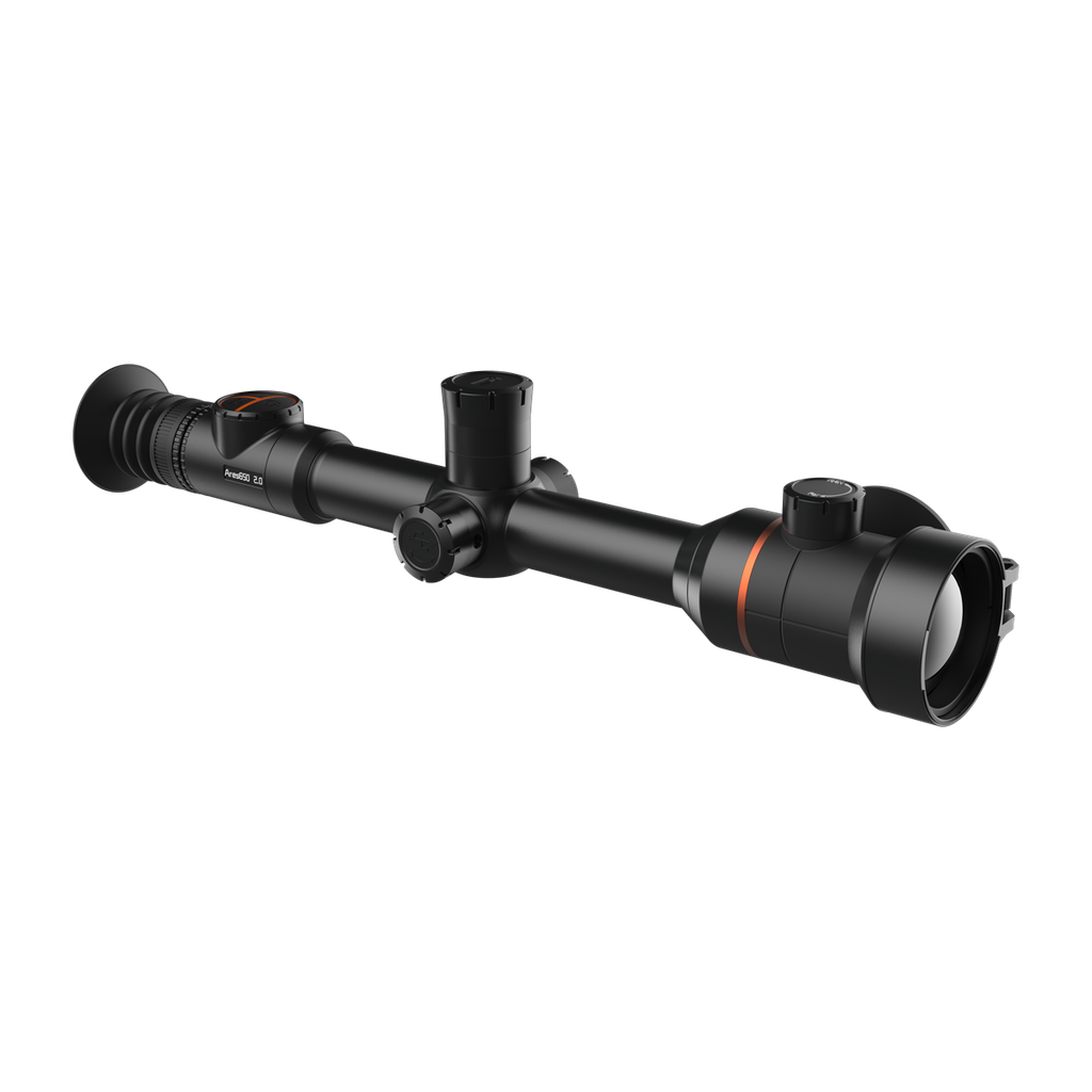 ThermTec Ares 650 2.0 thermal tube scope in black, three-quarter front view showing objective lens