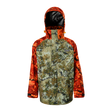 Spika Valley kids' waterproof hunting jacket in Biarri Camo with Blaze orange sleeves and hood, front