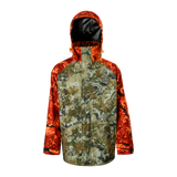 Spika Valley kids' waterproof hunting jacket in Biarri Camo with Blaze orange sleeves and hood, front