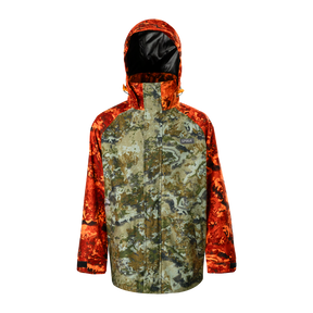 Spika Valley kids' waterproof hunting jacket in Biarri Camo with Blaze orange sleeves and hood, front