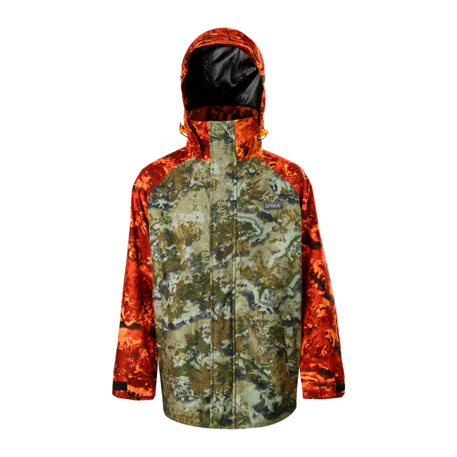 Spika Valley kids' waterproof hunting jacket in Biarri Camo with Blaze orange sleeves and hood, front
