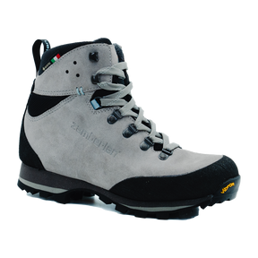Zamberlan 336 Thyone GTX women's hiking boot in light grey, three-quarter front view with Vibram sole