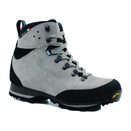 Zamberlan 336 Thyone GTX women's hiking boot in light grey, three-quarter front view with Vibram sole
