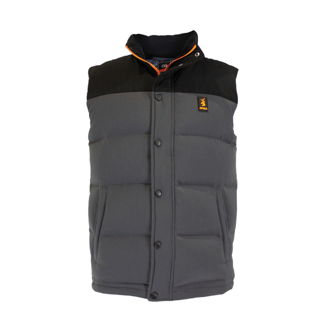 Spika GO Casual men's puffer vest in grey with black yoke, front view with press-stud placket
