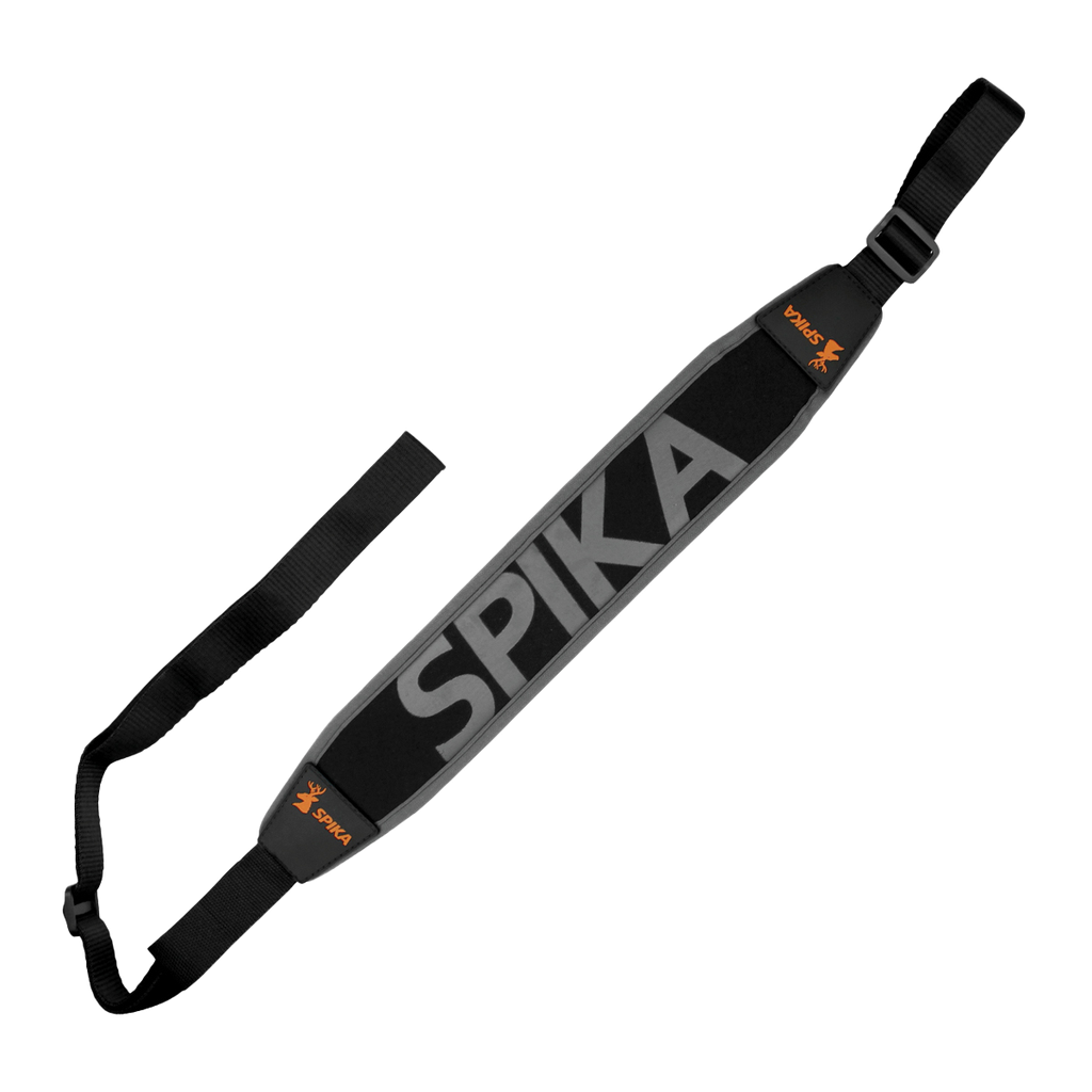 Spika Alpine Rifle Sling in grey and black with large Spika lettering on the padded shoulder section