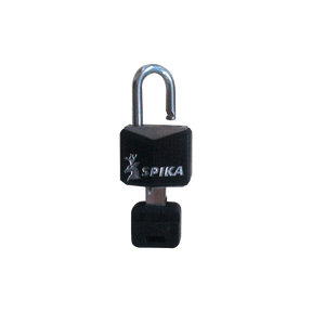 Spika padlock in black with silver shackle and Spika stag logo, shown with key