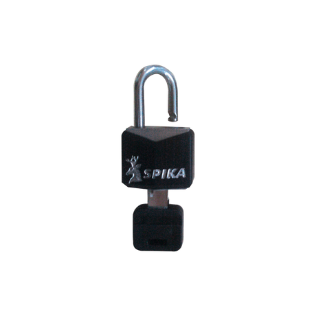 Spika padlock in black with silver shackle and Spika stag logo, shown with key
