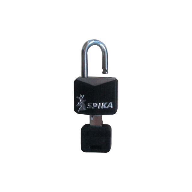 Spika padlock in black with silver shackle and Spika stag logo, shown with key