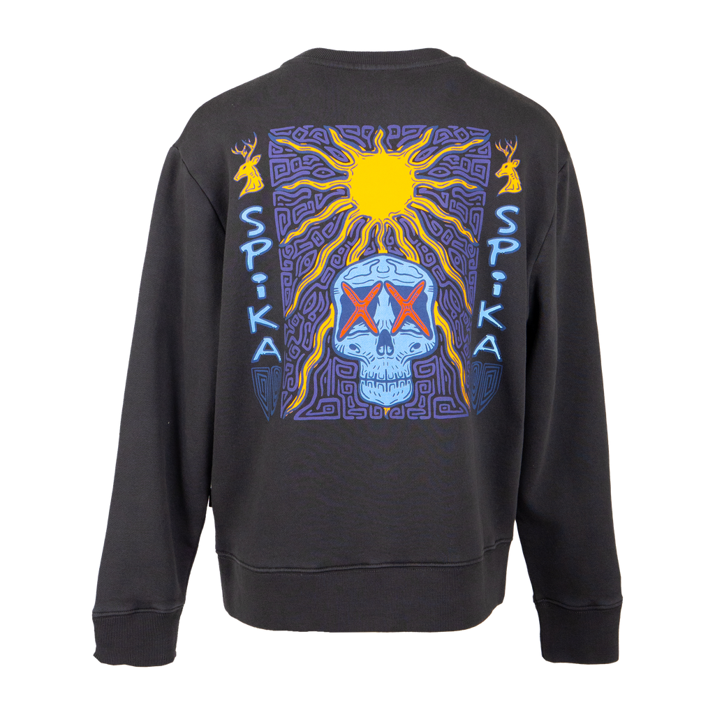 Spika New Dawn youth crew jumper in Washed Black, back view with colourful sun and skull graphic