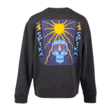 Spika New Dawn youth crew jumper in Washed Black, back view with colourful sun and skull graphic