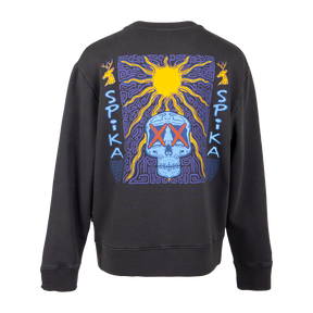 Spika New Dawn youth crew jumper in Washed Black, back view with colourful sun and skull graphic