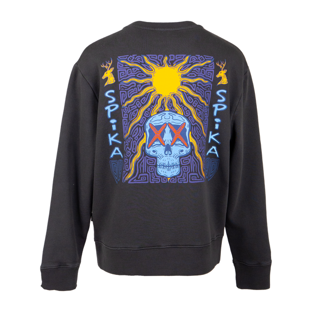 Spika New Dawn youth crew jumper in Washed Black, back view with colourful sun and skull graphic