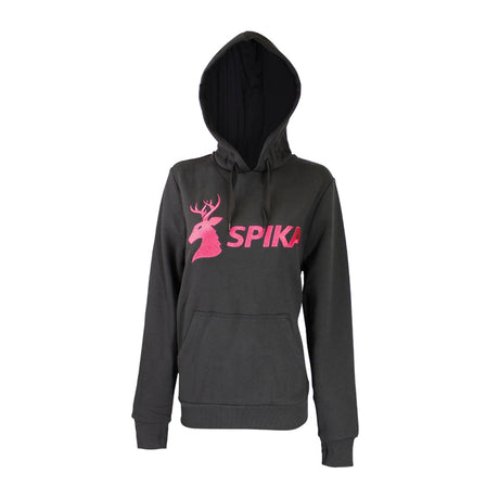 Spika GO Classic women's hoodie in black, front view with large pink stag SPIKA chest logo