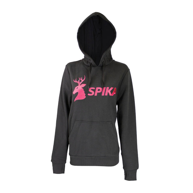 Spika GO Classic women's hoodie in black, front view with large pink stag SPIKA chest logo