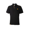 Spika GO Casual men's polo shirt in black, front view with orange buttons and orange stag logo