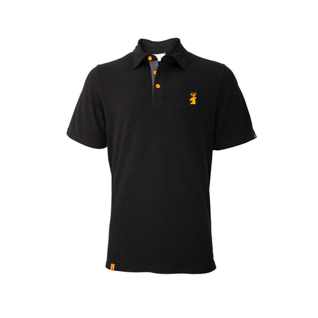 Spika GO Casual men's polo shirt in black, front view with orange buttons and orange stag logo