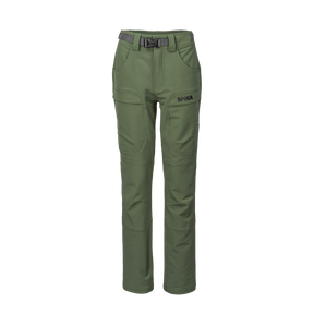 Spika Recon women's hunting pants in Ivy Green, front view with webbing belt and cargo pockets