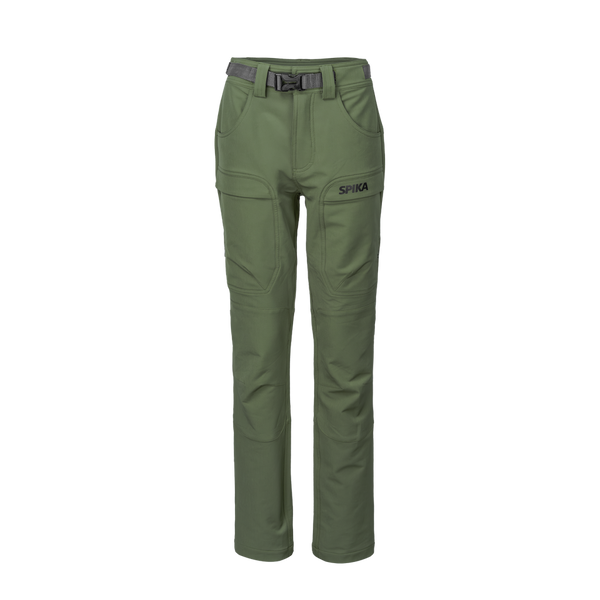 Spika Recon women's hunting pants in Ivy Green, front view with webbing belt and cargo pockets