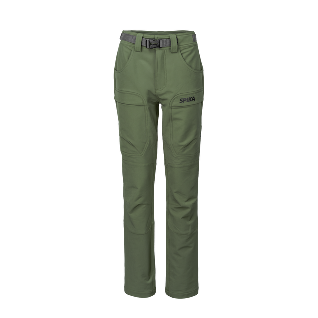 Spika Recon women's hunting pants in Ivy Green, front view with webbing belt and cargo pockets