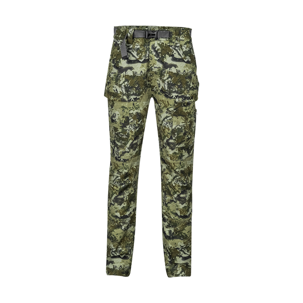 Spika Recon men's hunting pants in Biarri Camo, front view with webbing belt and cargo pockets