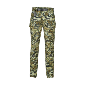 Spika Recon men's hunting pants in Biarri Camo, front view with webbing belt and cargo pockets