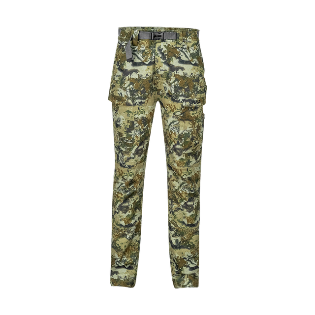 Spika Recon men's hunting pants in Biarri Camo, front view with webbing belt and cargo pockets